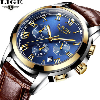 Lige Casual Fashion Trend Business Waterproof Belt Watch Men's Multi-Function Luminous Watch