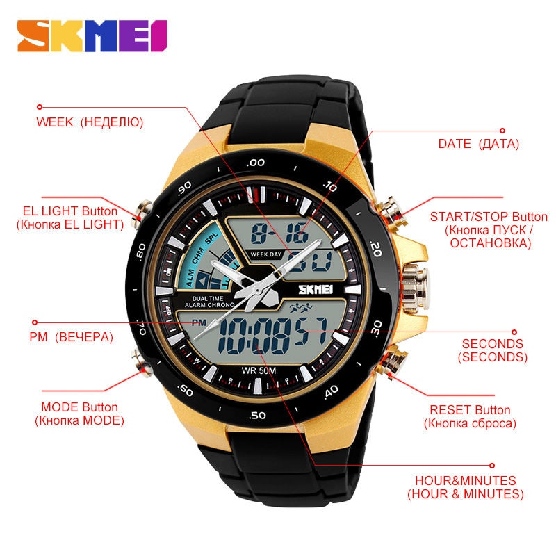 SKMEI 1016 Sport Watch Men Fashion Casual Alarm Clock Waterproof Military Chrono Dual Display Wristwatches Relogio Masculino