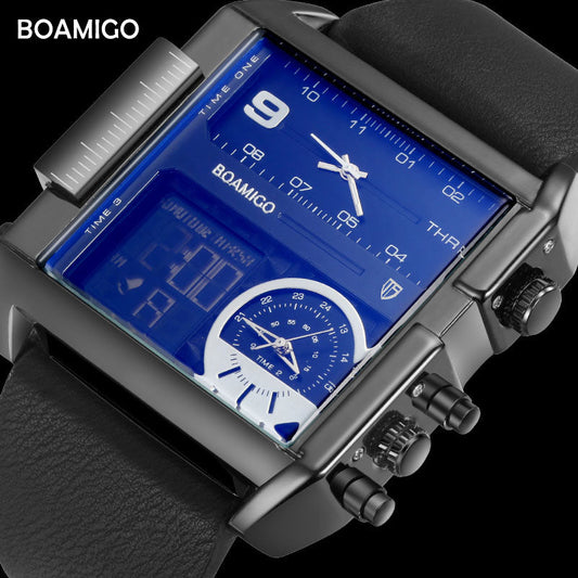 BOAMIGO Brand Men Sports Watches 3 Time Zone Big Man Fashion Military LED Watch Leather Quartz Wristwatches Relogio Masculino