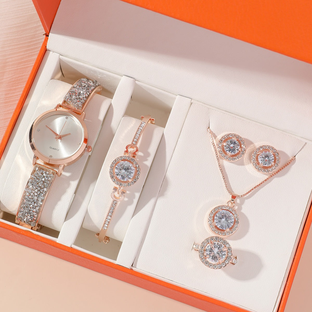 Popular New Full Diamond Octagonal Arrow Necklace Bracelet Exquisite Watch 5-Piece Gift Box Set Table