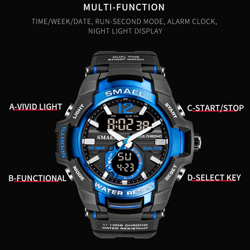 SMAEL Men Watches Fashion Sport Super Cool Quartz LED Digital Watch 50M Waterproof Wristwatch Men's Clock Relogio Masculino