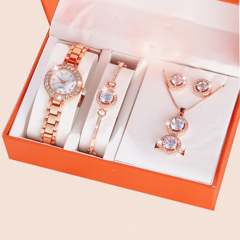 Popular New Full Diamond Octagonal Arrow Necklace Bracelet Exquisite Watch 5-Piece Gift Box Set Table