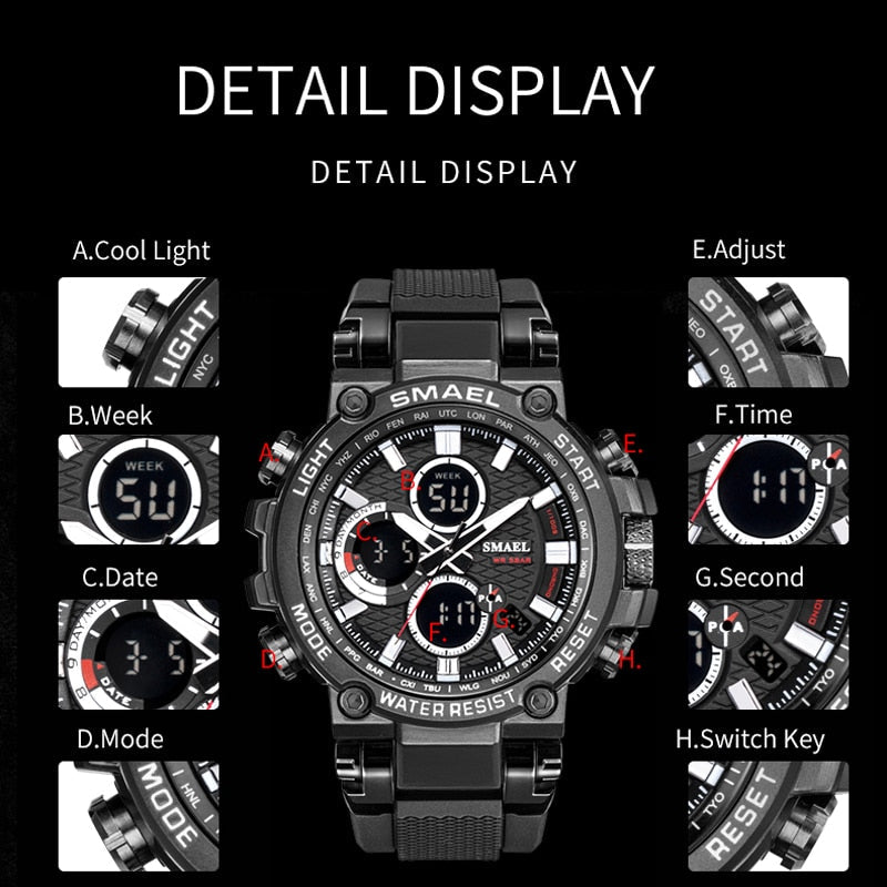 SMEAL 1803 Men Sport Watches Digital Double Time Chronograph Watch Mens LED Chronometre Week Display Wristwatches montre homme Hour