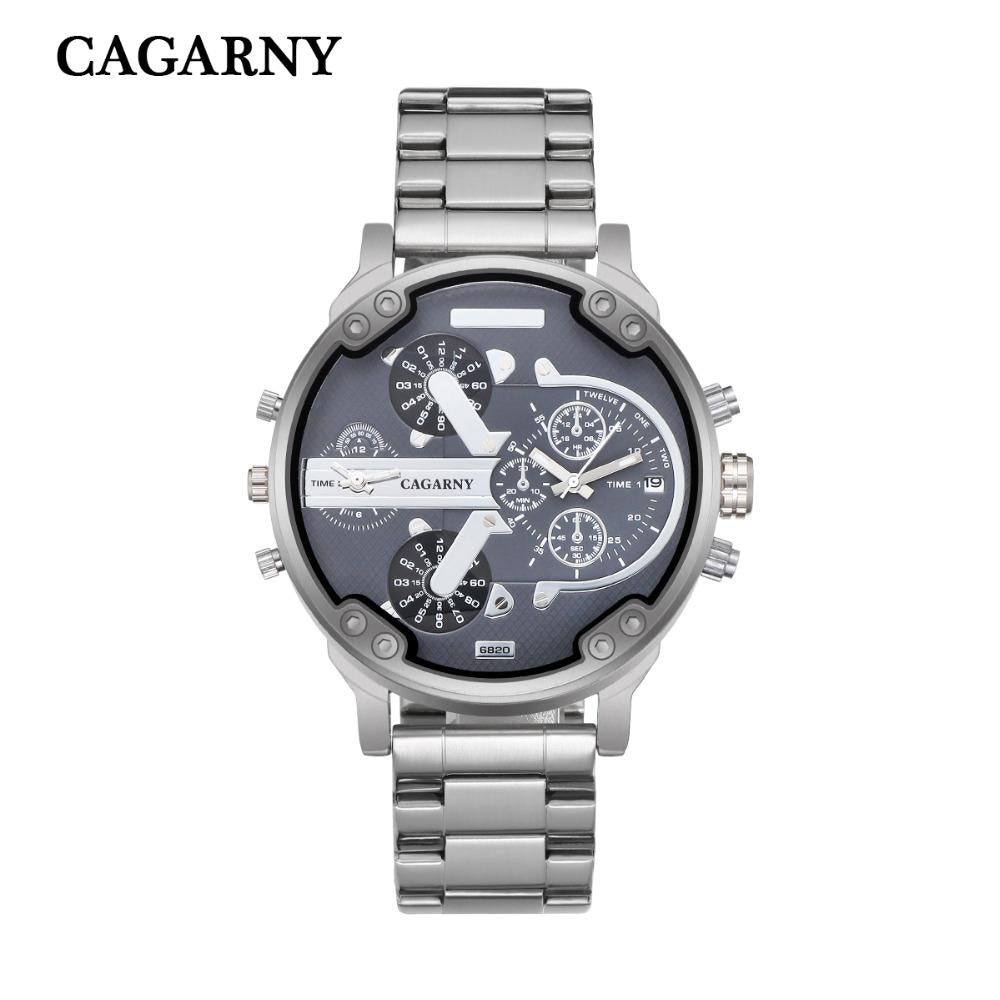 Cagarny Men Quartz Watch Casual Stainless Steel Watchband Dual Time Zones Wristwatches