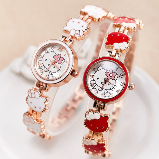 The New KT Cat Watch Women Fashion Cute Children Bracelet Steel Strap Watch Ladies Students Electronic Quartz Watch