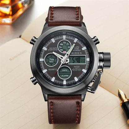 BIDEN Luxury Men Watch Leather LED Sport  Digital Quartz Clocks 0031