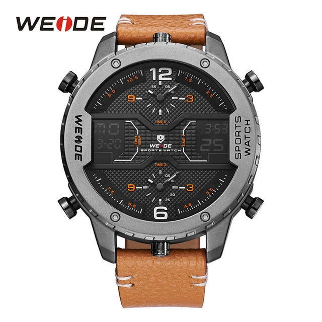 WEIDE men's Sports watch Analog Hands Digital Calendar Quartz Brown Leather Strap Wrist watches