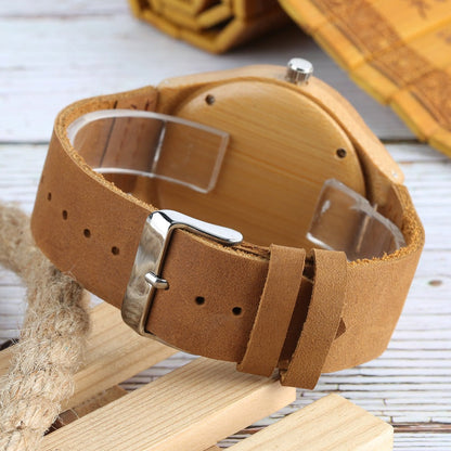 Wooden Watches Quartz Watch Men Bamboo Modern Wristwatch Analog Nature Wood Soft Leather Creative Birthday Gifts