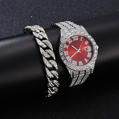 New Full Diamond Fashion Hip Hop Steel Band Watch Chain Gift Box Cuban Bracelet Fashion Gift Men's Watch