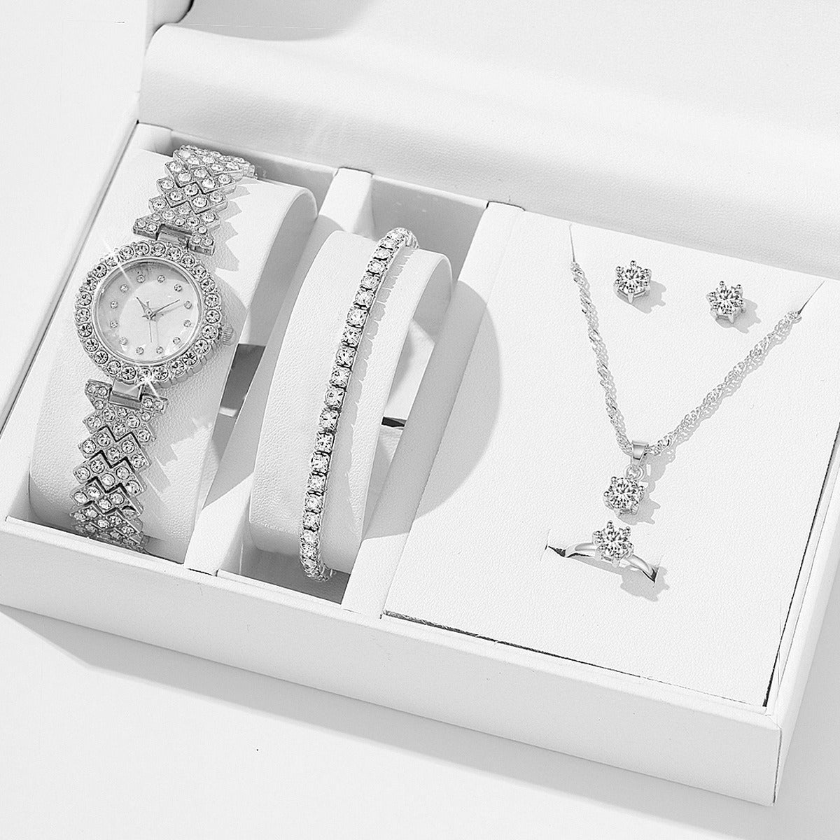 5pcs set fashionable diamond inlaid women's watch bracelet necklace ring earrings 5-piece gift box watch set