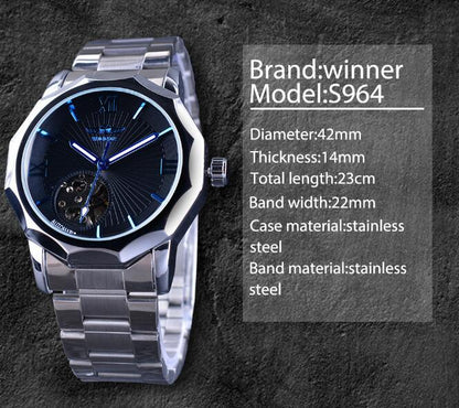 Winner Blue Ocean Geometry Design Transparent Skeleton Dial Mens Watch Top Brand Luxury Automatic Mechanical Watch Clock