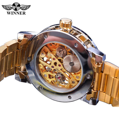 Winner Golden Watches Classic Rhinestone Clock Roman Analog Male Skeleton Clocks Mechanical Stainless Steel Band Luminous Watch