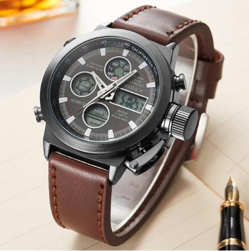 BIDEN Luxury Men Watch Leather LED Sport  Digital Quartz Clocks 0031