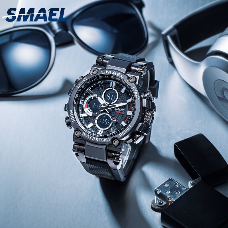 SMEAL 1803 Men Sport Watches Digital Double Time Chronograph Watch Mens LED Chronometre Week Display Wristwatches montre homme Hour