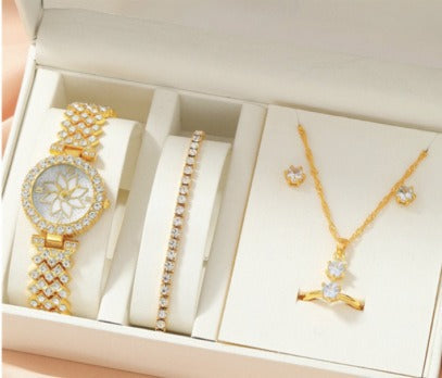 5pcs set fashionable diamond inlaid women's watch bracelet necklace ring earrings 5-piece gift box watch set