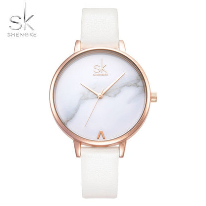 Shengke Top Brand Fashion Ladies Watches Leather Female Quartz Watch Women Thin Casual Strap Watch Reloj Mujer Marble Dial SK