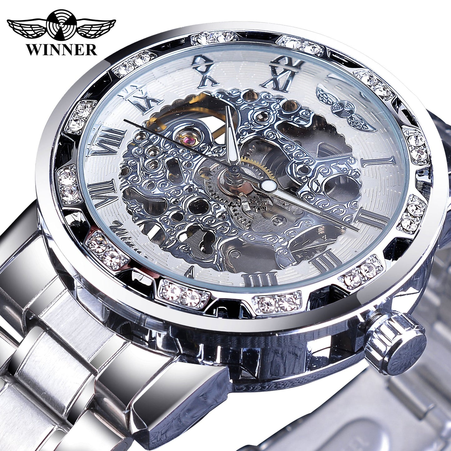 Winner Golden Watches Classic Rhinestone Clock Roman Analog Male Skeleton Clocks Mechanical Stainless Steel Band Luminous Watch