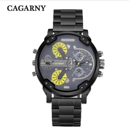 Cagarny Men Quartz Watch Casual Stainless Steel Watchband Dual Time Zones Wristwatches