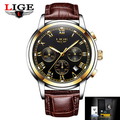 Lige Casual Fashion Trend Business Waterproof Belt Watch Men's Multi-Function Luminous Watch