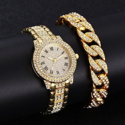 New Full Diamond Fashion Hip Hop Steel Band Watch Chain Gift Box Cuban Bracelet Fashion Gift Men's Watch