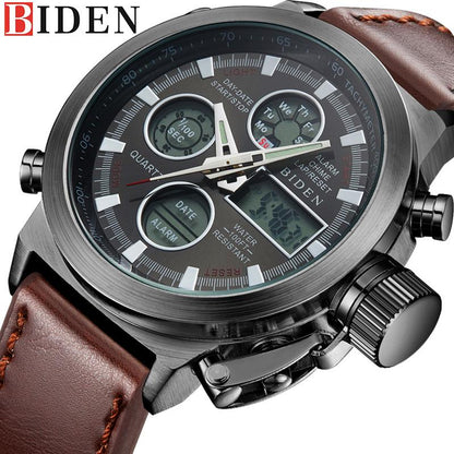 BIDEN Luxury Men Watch Leather LED Sport  Digital Quartz Clocks 0031