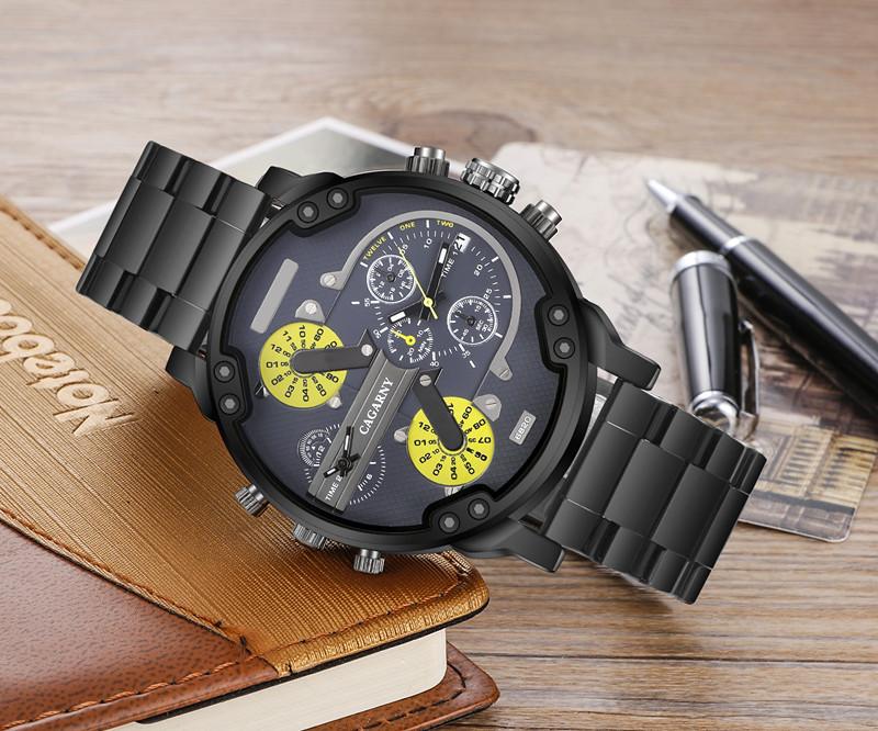 Cagarny Men Quartz Watch Casual Stainless Steel Watchband Dual Time Zones Wristwatches