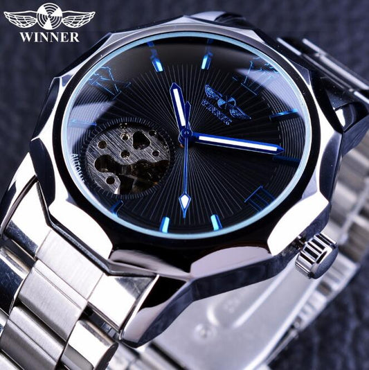 Winner Blue Ocean Geometry Design Transparent Skeleton Dial Mens Watch Top Brand Luxury Automatic Mechanical Watch Clock