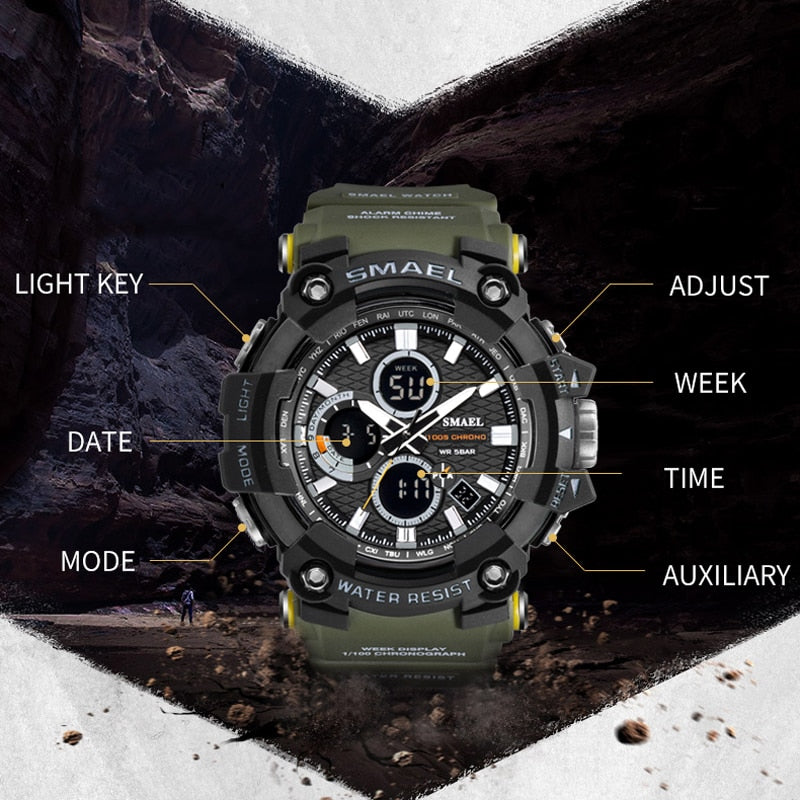 SMAEL 1802 Sports Men's Watches Top Brand Luxury Military Quartz Watch Men Waterproof Shock Male Digital Clock Relogio Masculino