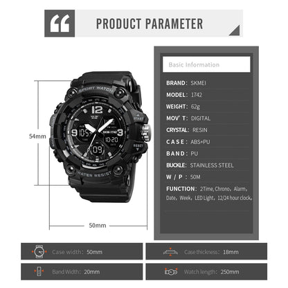 SKMEI 1742 New Shockproof Mens Watches 2 Time Chrono Personality Digital Sport Mens Wristwatch Waterproof Watch relogio masculino