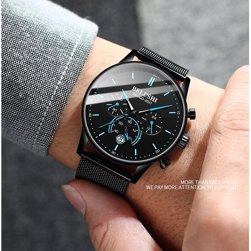 BELUSHI Watch Men Luxury Brand Famous Male Watch Black Watches Ultra Thin Milan Belt Stainless Steel Quartz Men Wrist Watch