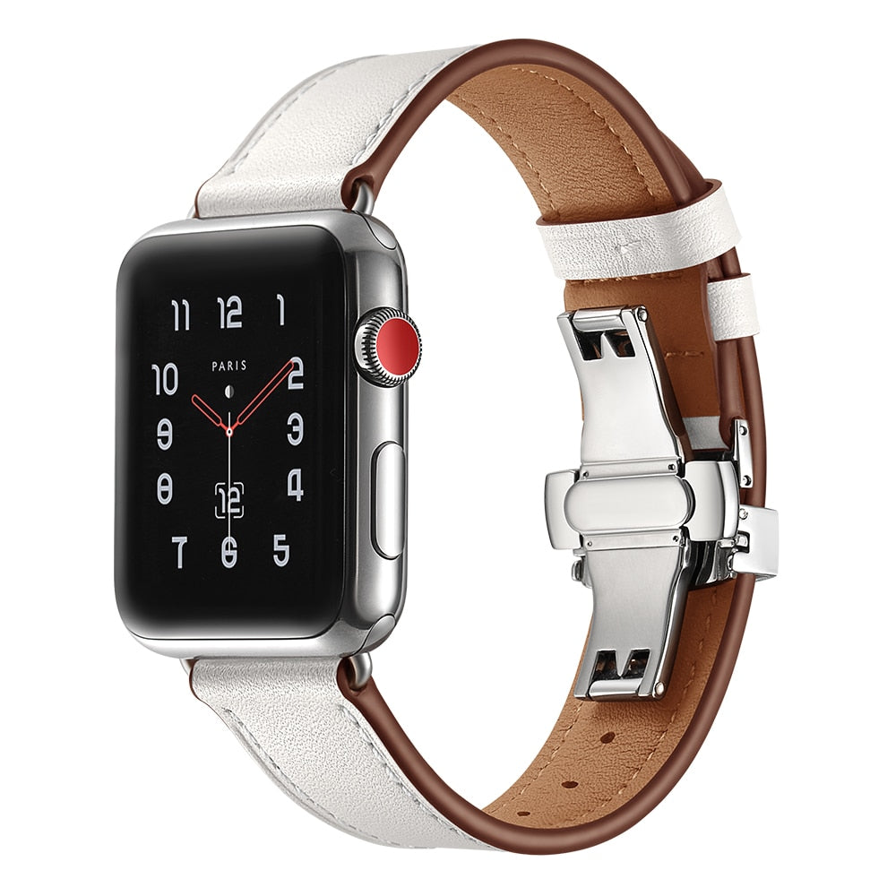 stainless steel butterfly buckle leather strap for apple watch band 38mm 42mm iwatch series 4 3 2 1 wrist bracelet accessories