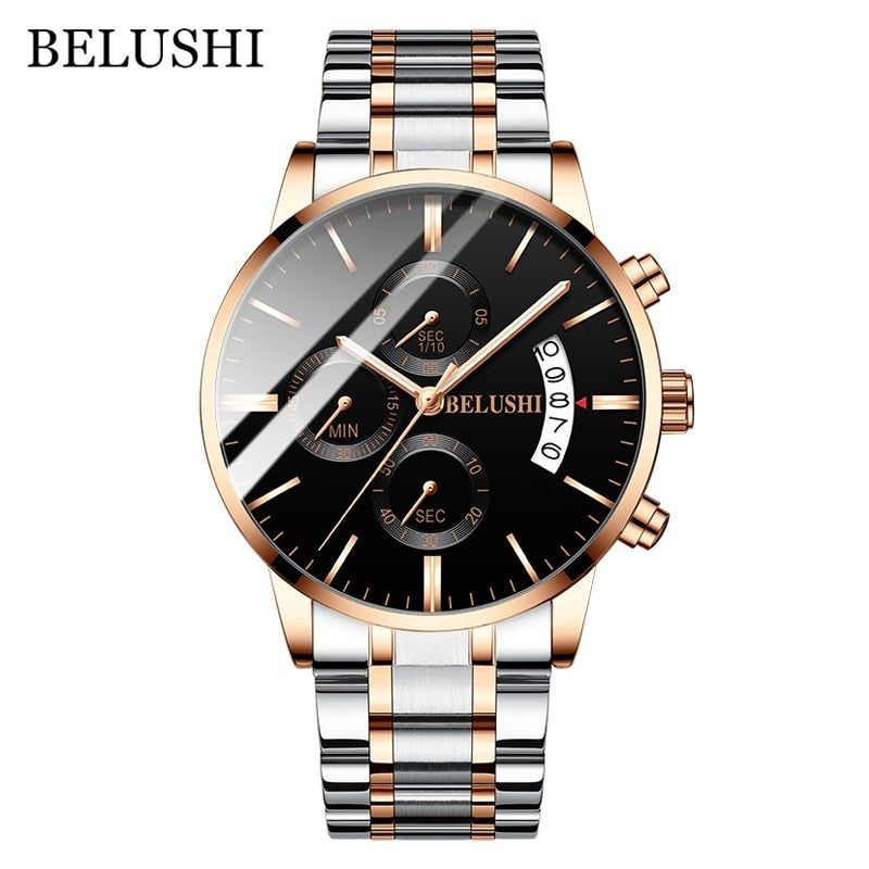 BELUSHI Fashion Men's Quartz Watch Chronograph Sport Men Watches Top Brand Luxury Full Steel Waterproof Clock Male Wristwatch