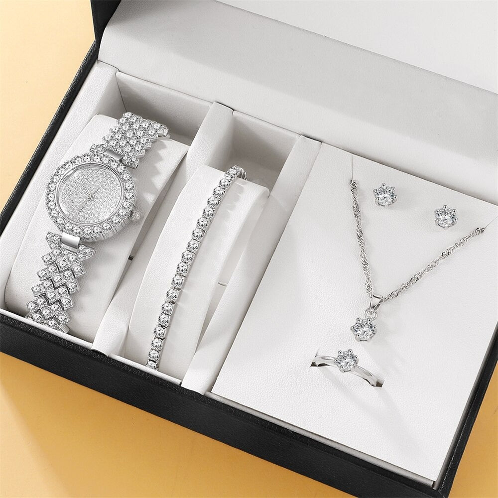 5pcs set fashionable diamond inlaid women's watch bracelet necklace ring earrings 5-piece gift box watch set