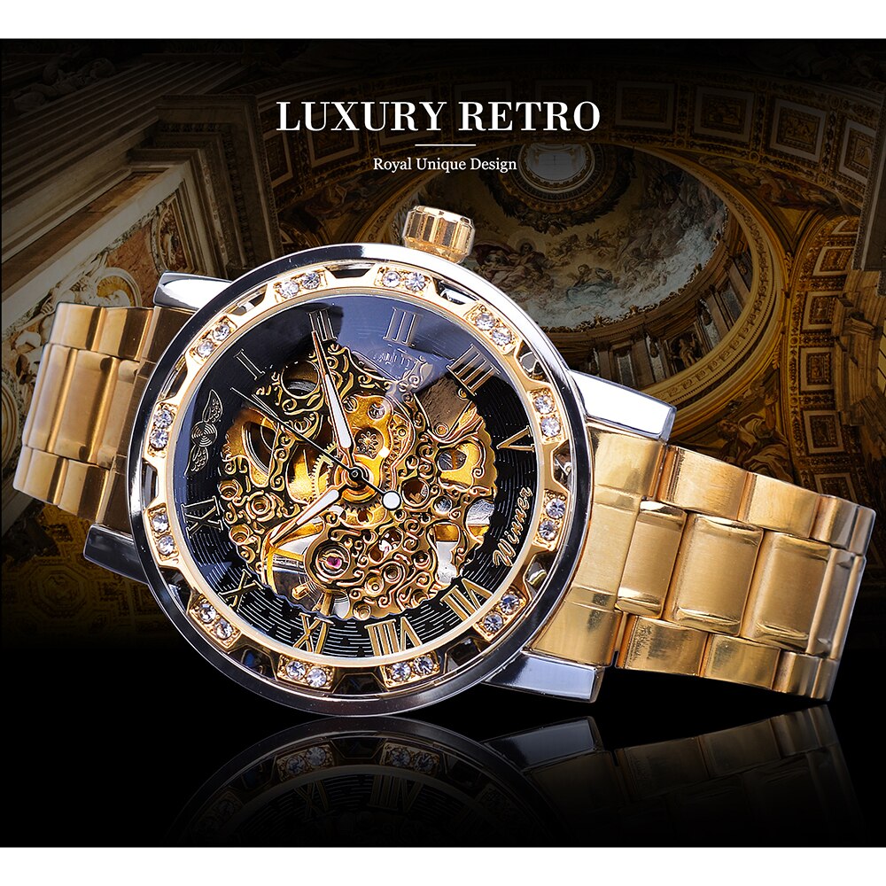 Winner Golden Watches Classic Rhinestone Clock Roman Analog Male Skeleton Clocks Mechanical Stainless Steel Band Luminous Watch