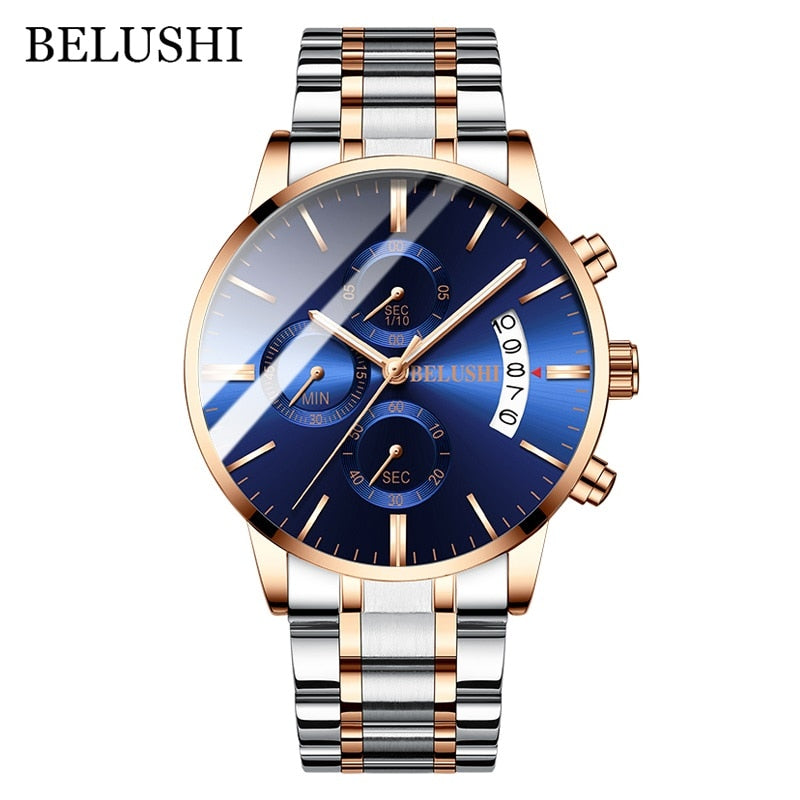 BELUSHI Fashion Men's Quartz Watch Chronograph Sport Men Watches Top Brand Luxury Full Steel Waterproof Clock Male Wristwatch