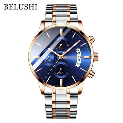 BELUSHI Fashion Men's Quartz Watch Chronograph Sport Men Watches Top Brand Luxury Full Steel Waterproof Clock Male Wristwatch