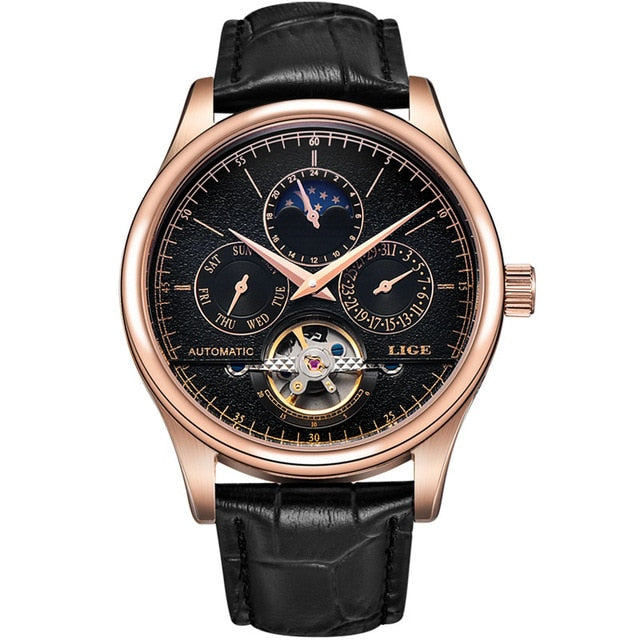 LIGE Brand Men Watches Automatic Mechanical Watch Tourbillon Sport Clock Leather Casual Business Retro Wristwatch Relojes Hombre