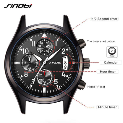 SINOBI Pilot Mens Chronograph Wrist Watch Waterproof Quartz Clock