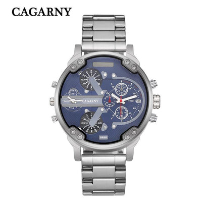 Cagarny Men Quartz Watch Casual Stainless Steel Watchband Dual Time Zones Wristwatches