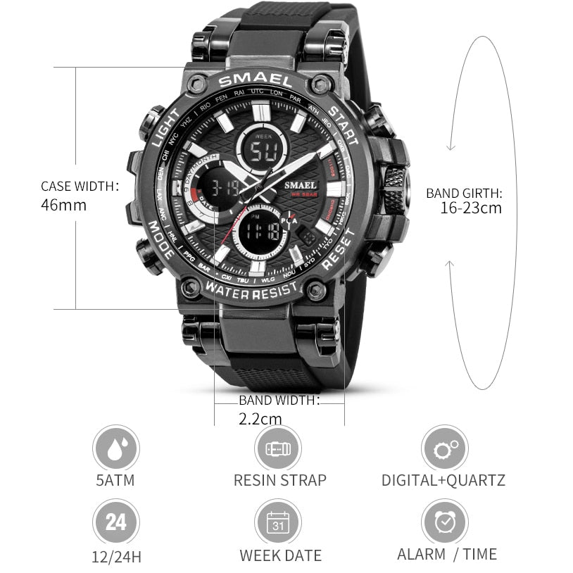 SMEAL 1803 Men Sport Watches Digital Double Time Chronograph Watch Mens LED Chronometre Week Display Wristwatches montre homme Hour