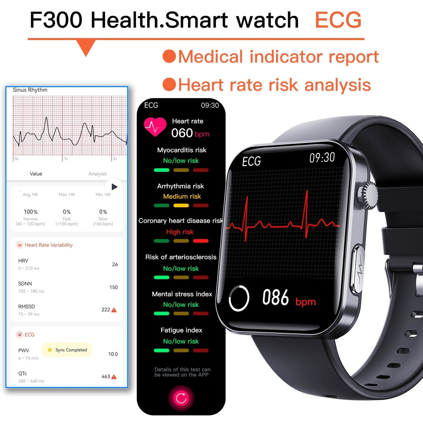 F300 smartwatch ECG electrocardiogram monitoring SOS fall alarm blood glucose and blood pressure watch HRV report