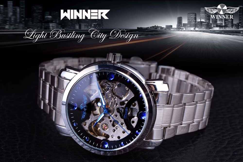 Winner Blue Ocean Fashion Casual Designer Stainless Steel Men Skeleton Watch Mens Watches Top Brand Luxury Automatic Watch Clock