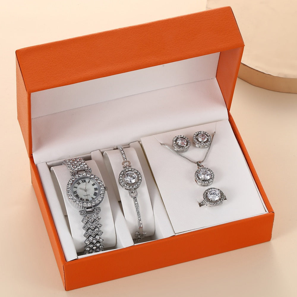 Popular New Full Diamond Octagonal Arrow Necklace Bracelet Exquisite Watch 5-Piece Gift Box Set Table