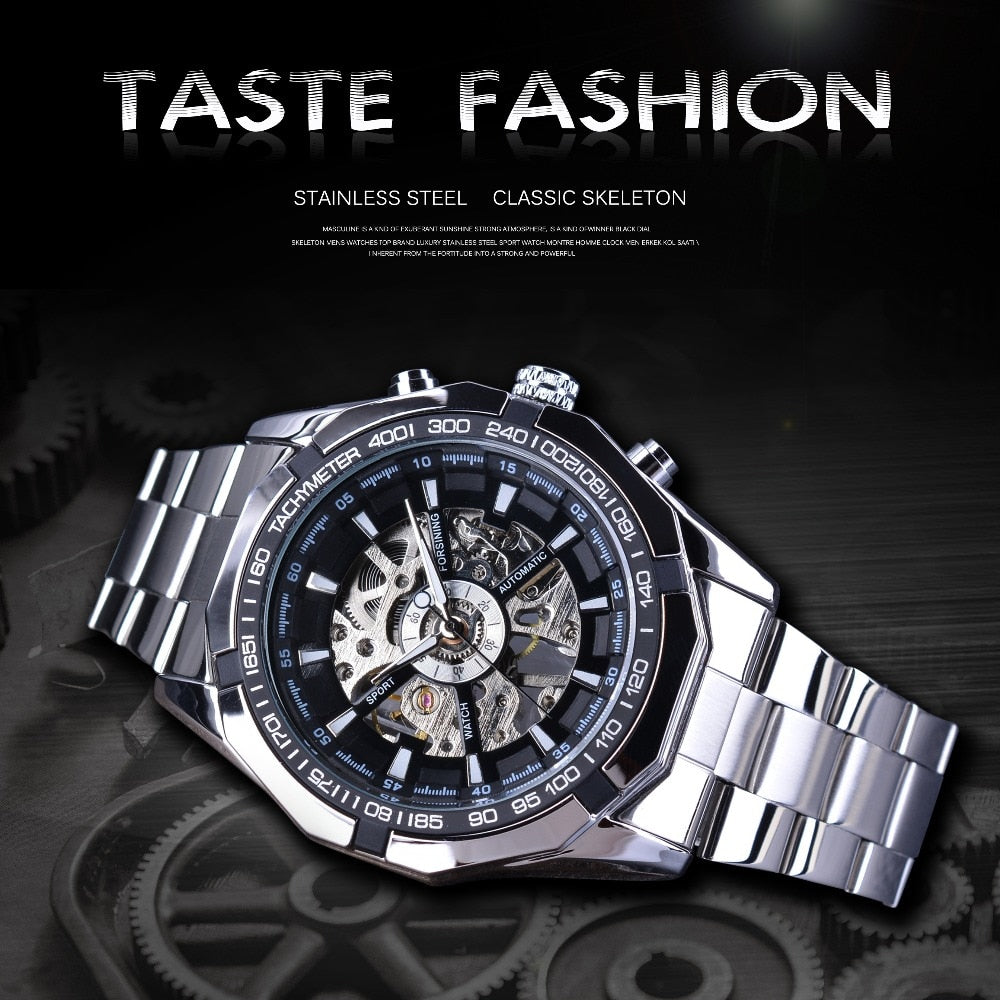 Silver Stainless Steel Waterproof Mens Skeleton Watches Top Brand Luxury Transparent Mechanical Male Wrist Watch