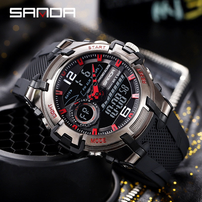 Sanda Top Brand 6015 Dual Display Wrist Watch Men Watches Brand Male For Clock Military Sport Wristwatch Outdoor Waterproof Hour