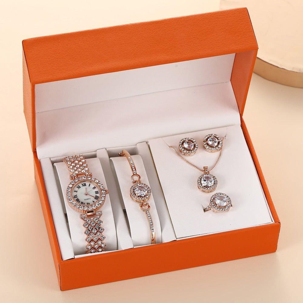 Popular New Full Diamond Octagonal Arrow Necklace Bracelet Exquisite Watch 5-Piece Gift Box Set Table