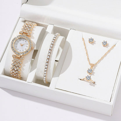 5pcs set fashionable diamond inlaid women's watch bracelet necklace ring earrings 5-piece gift box watch set