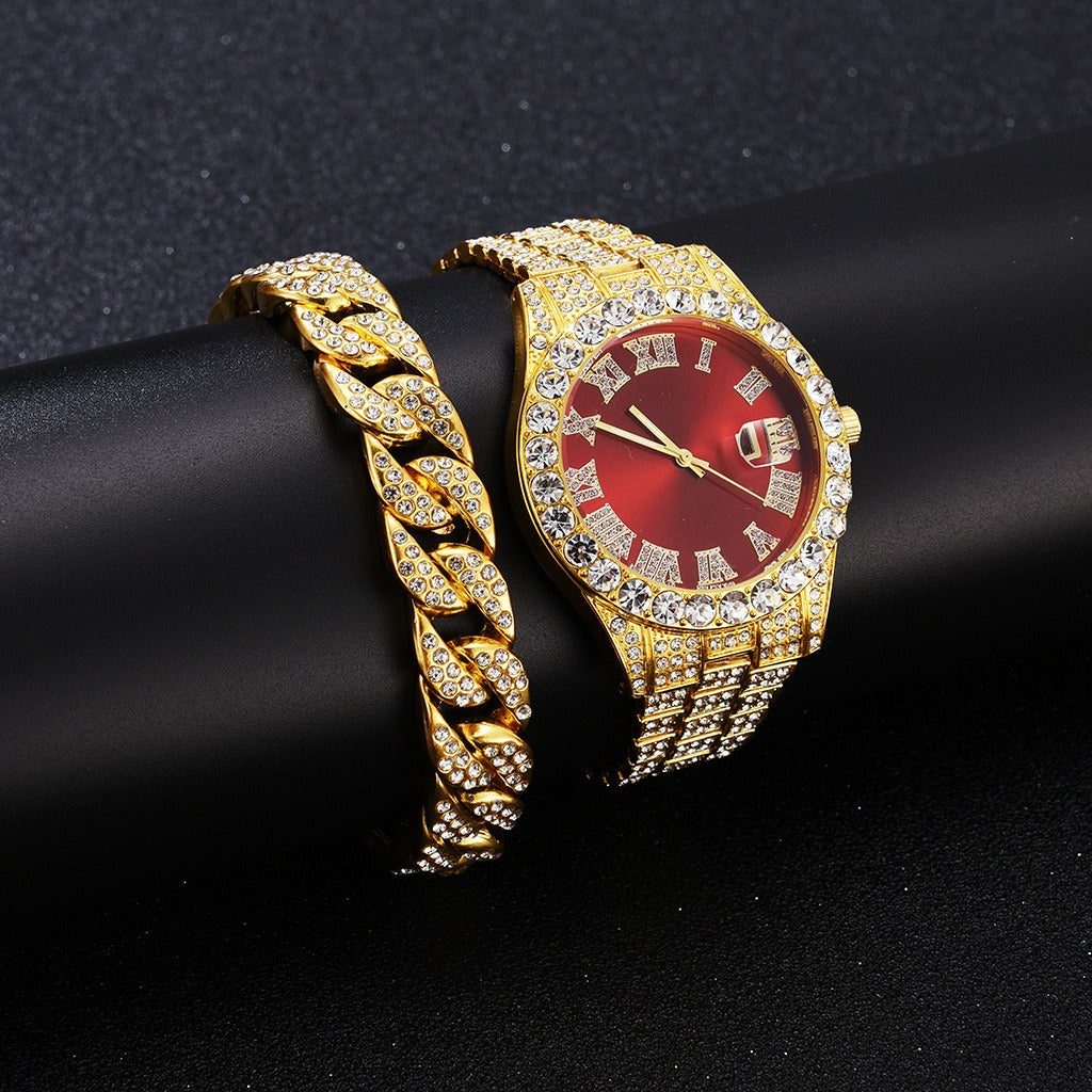 New Full Diamond Fashion Hip Hop Steel Band Watch Chain Gift Box Cuban Bracelet Fashion Gift Men's Watch