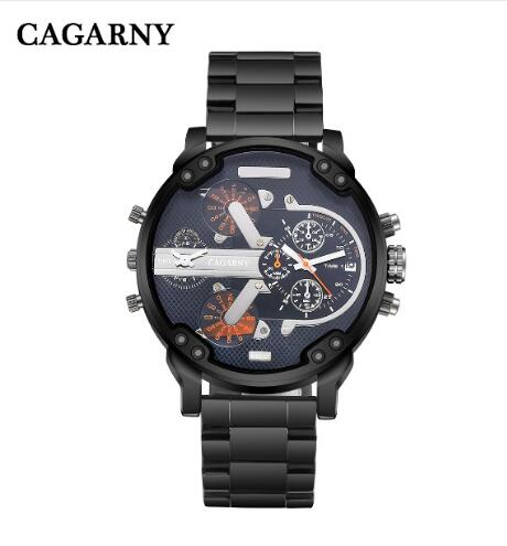 Cagarny Men Quartz Watch Casual Stainless Steel Watchband Dual Time Zones Wristwatches