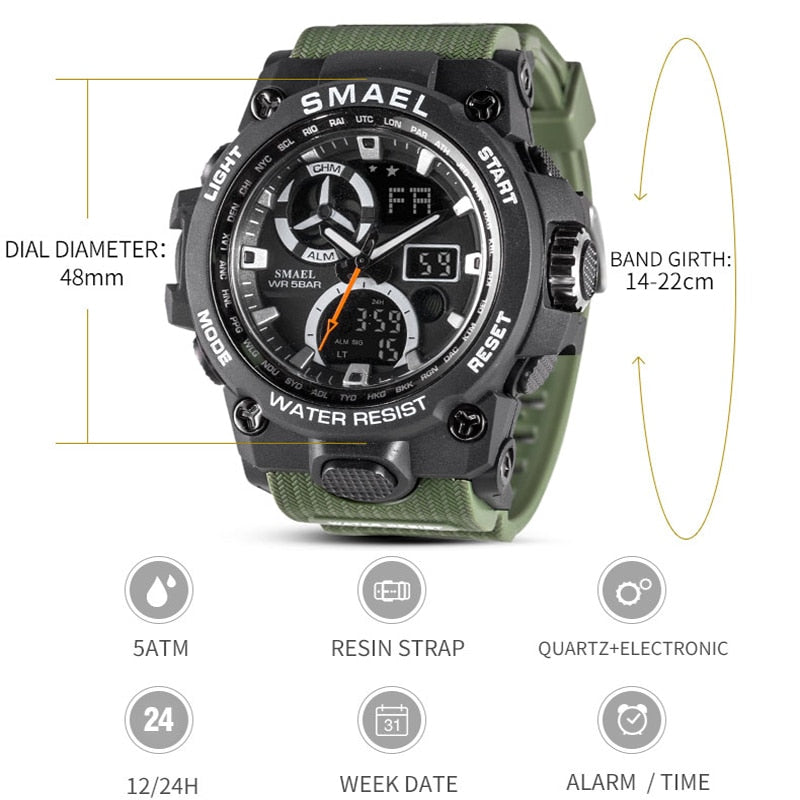 SMAEL Sport Watch Men Dual Time Waterproof 50M Military Watches Chrono Alarm Wristwatch Vintage Classic Digital Watch 8011